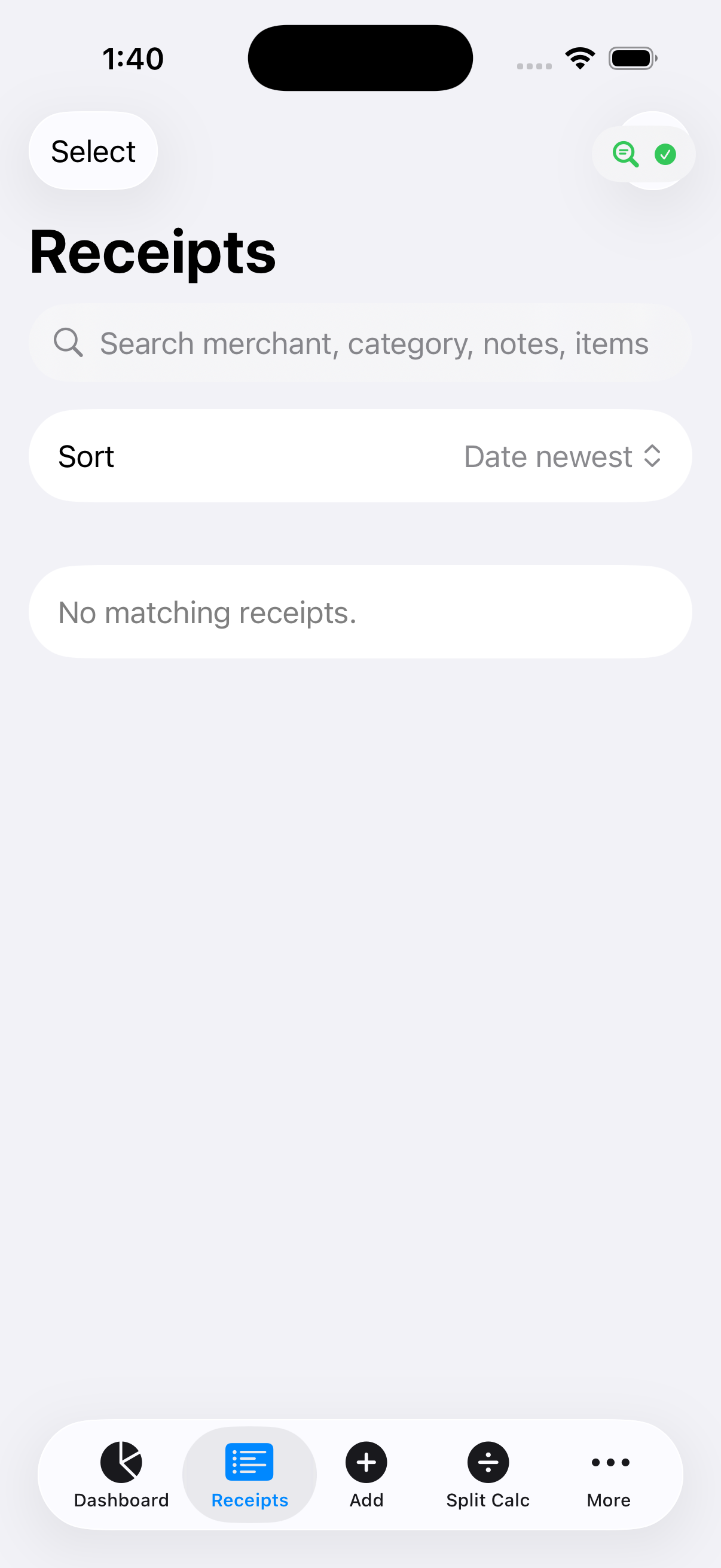 Receipts screen